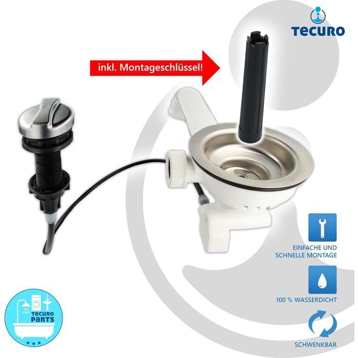 Desagüe de fregadero Tecuro de acero inoxidable de 3 1/2'' con colador extraíble y control giratorio (cable de 50 cm)
