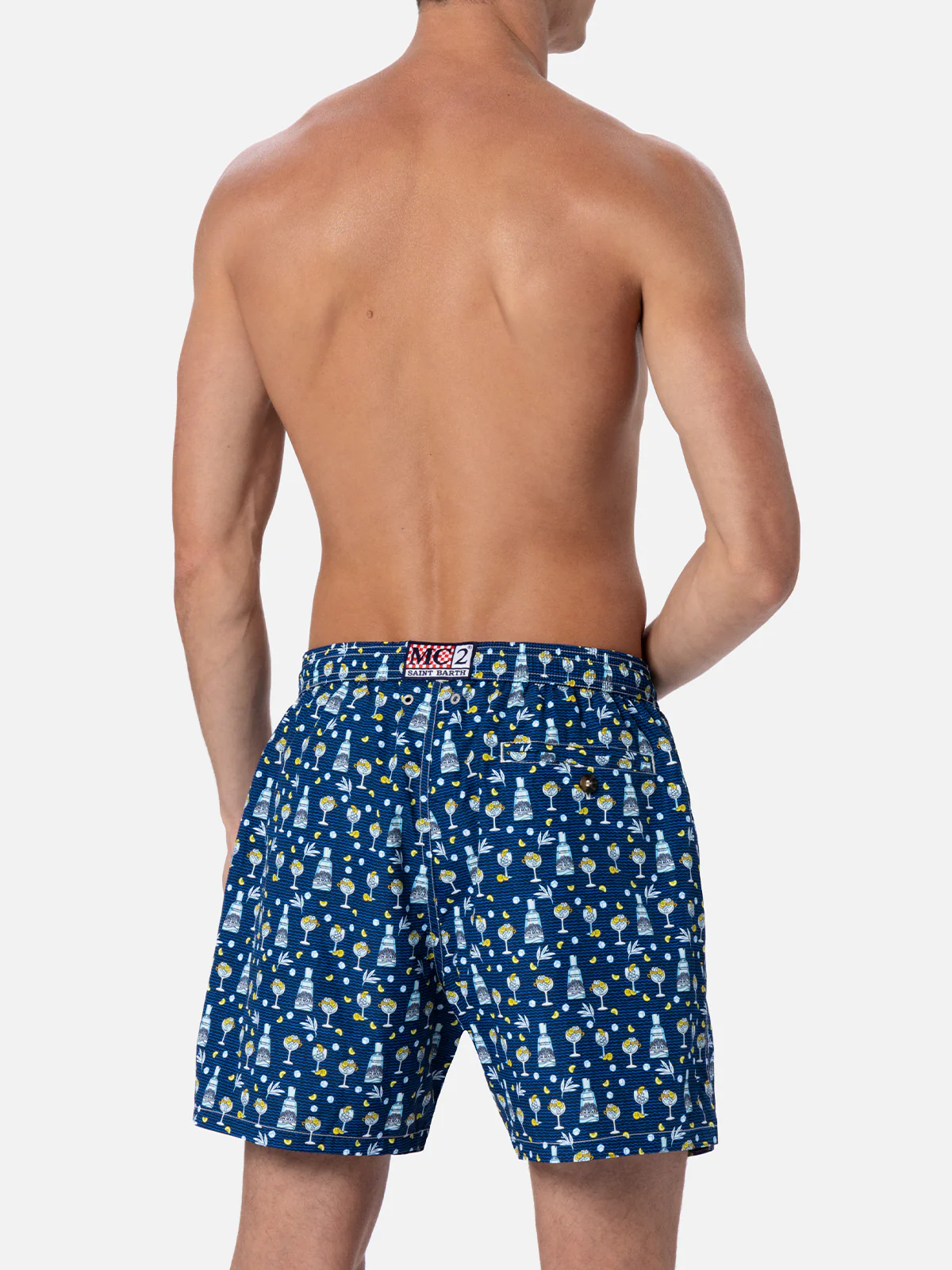 Man Lighting Mid-Length Swim Shorts – Quick-Drying, Gin Mare All-Over Print, Recycled Polyester & Adjustable Drawcord | MC2 Saint Barth