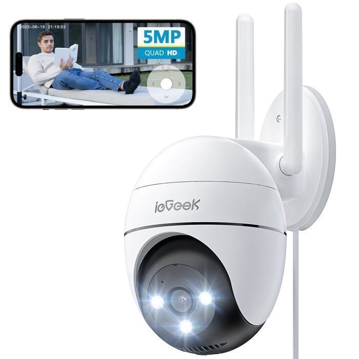 Cámara de vigilancia WiFi para exteriores ieGeek de 5 MP, cámara IP de 360°, visión nocturna a color, detección de personas, audio bidireccional.