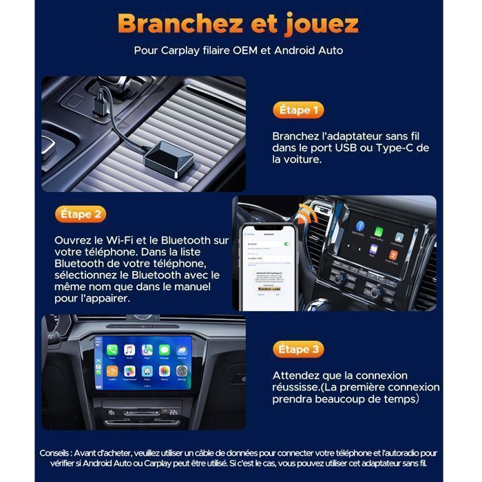 Wireless CarPlay Adapter for Apple CarPlay and Android Auto, WiFi 5.8GHz, Bluetooth, Compatible with Cars from 2016 onwards