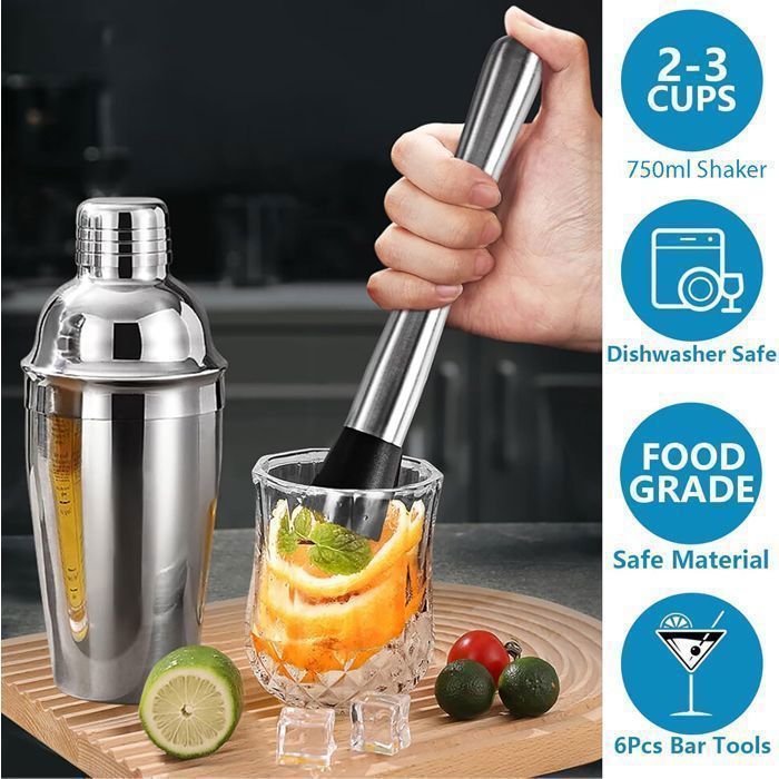 Coqueteleira de aço inoxidável - 750 ml - Acessório profissional para bartenders - Ideal para casa, bar e festas, conjunto com 6 peças