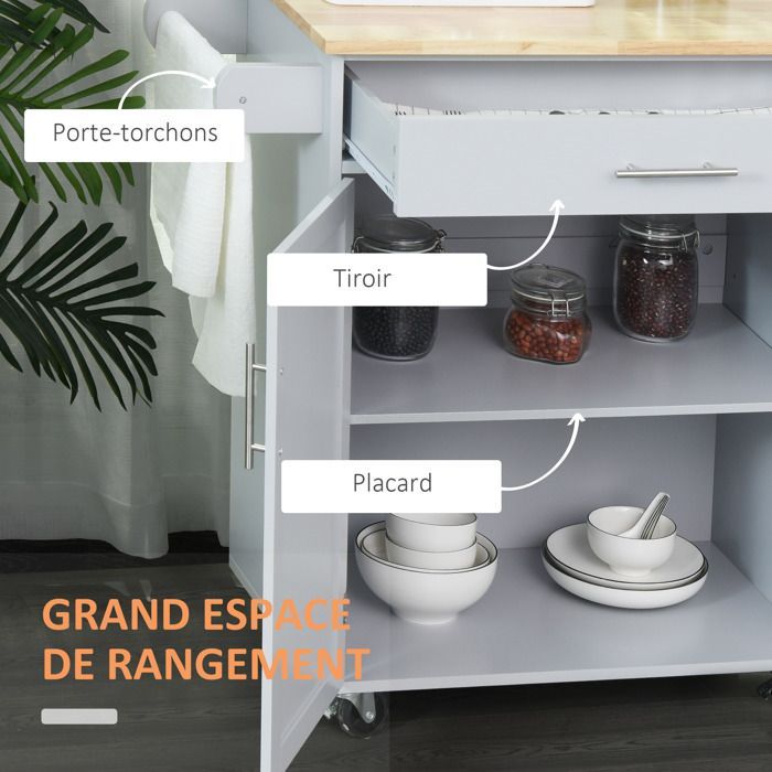 Carrito de cocina con ruedas, carrito de servicio, isla de cocina con cajón y toallero - gris