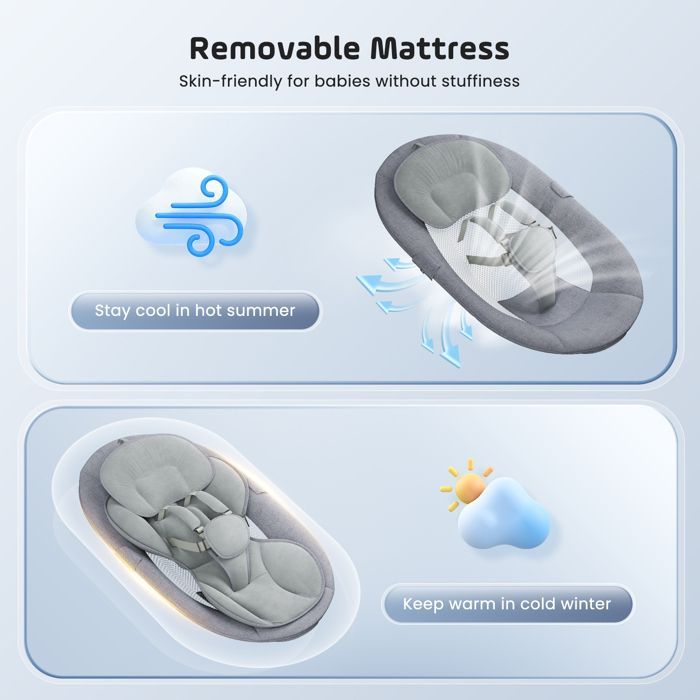 Sdraietta elettrica per neonati TTLIFE, controllabile tramite app e telecomando, adatta dalla nascita fino a 9 kg, con 5 livelli di vibrazione e timer.