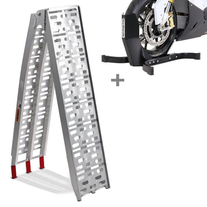 Conjunto: Rampa de carga para motocicleta CS1 + Calzo para rueda Easy Plus + Juego de correas de trinquete