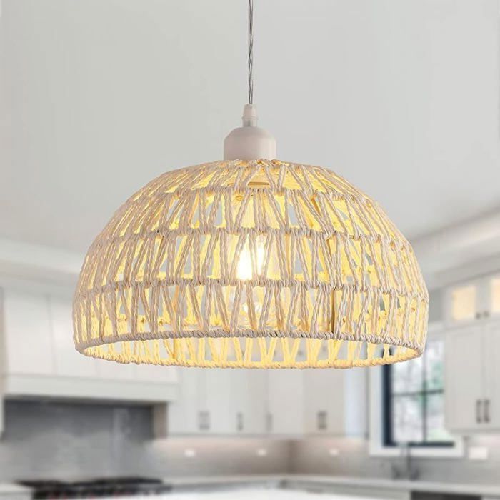 DORLINK Suspension Luminaire Rotin Naturel Moderne - Câble Ajustable 1,2 m - Douille E27 - Blanc - Pour Cuisine Salle à Manger