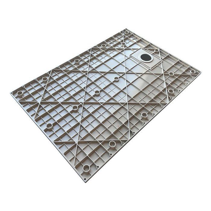 Plato de ducha de fibra de vidrio SMC con efecto piedra y desagüe incluido, 2,6 cm de alto, 90 x 120 cm, color topo.