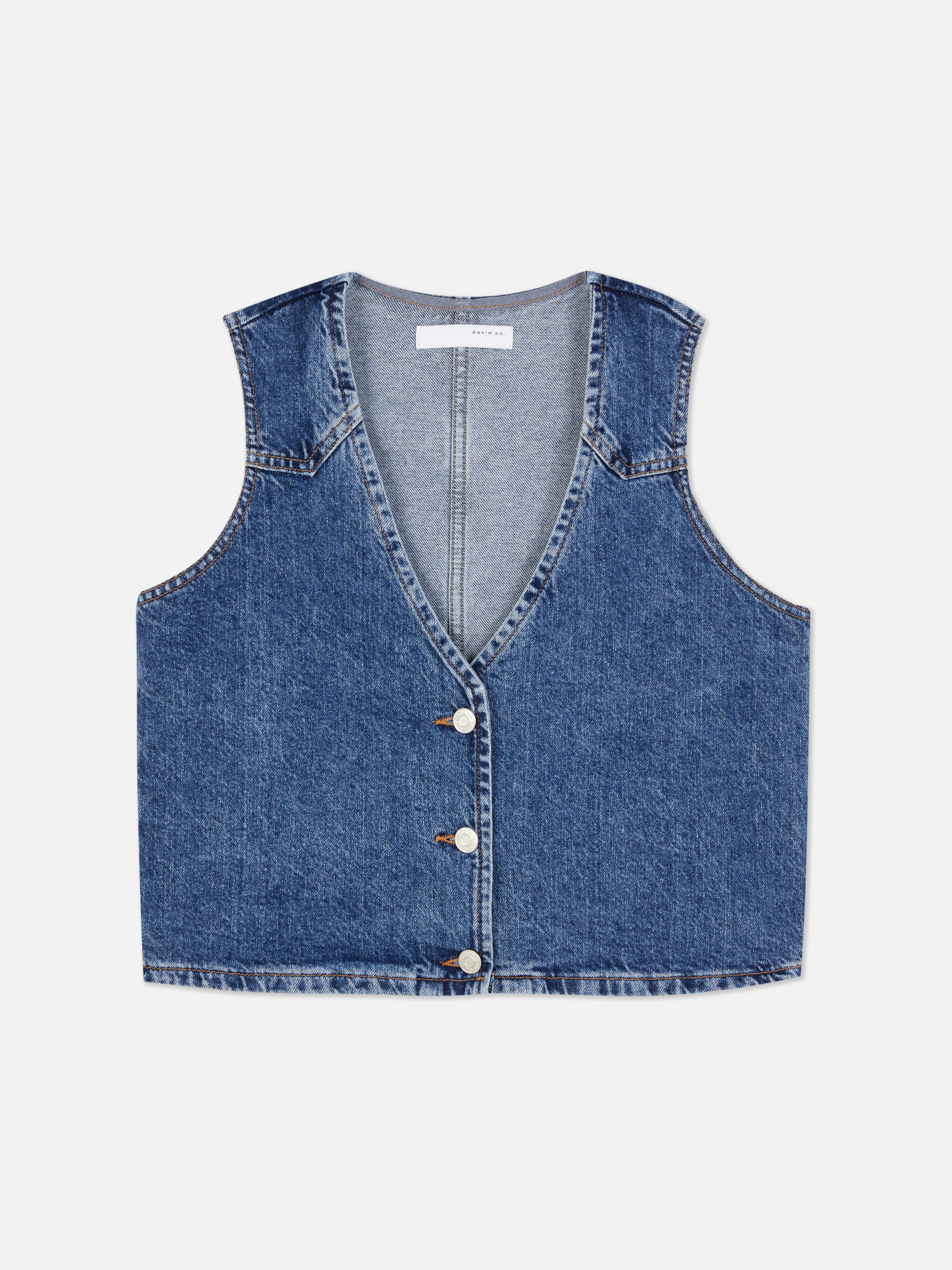 Vestă din denim cu nasturi Vestă din denim cu decolteu în V și închidere cu nasturi în față