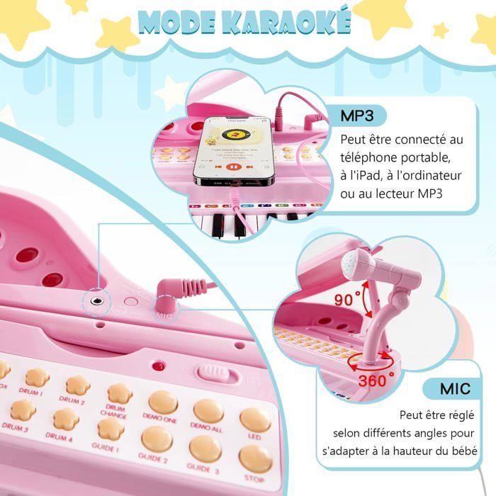 Piano infantil COSTWAY de 31 teclas con taburete, micrófono, 3 modos de enseñanza, luz LED, reproductor de MP3, 4 estilos musicales, 22 canciones, color rosa.