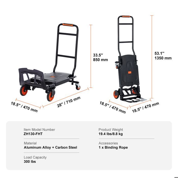 Carrello a mano in alluminio - DUOKU - 2 in 1 - Portata 136 kg - Pieghevole - Ruote in gomma
