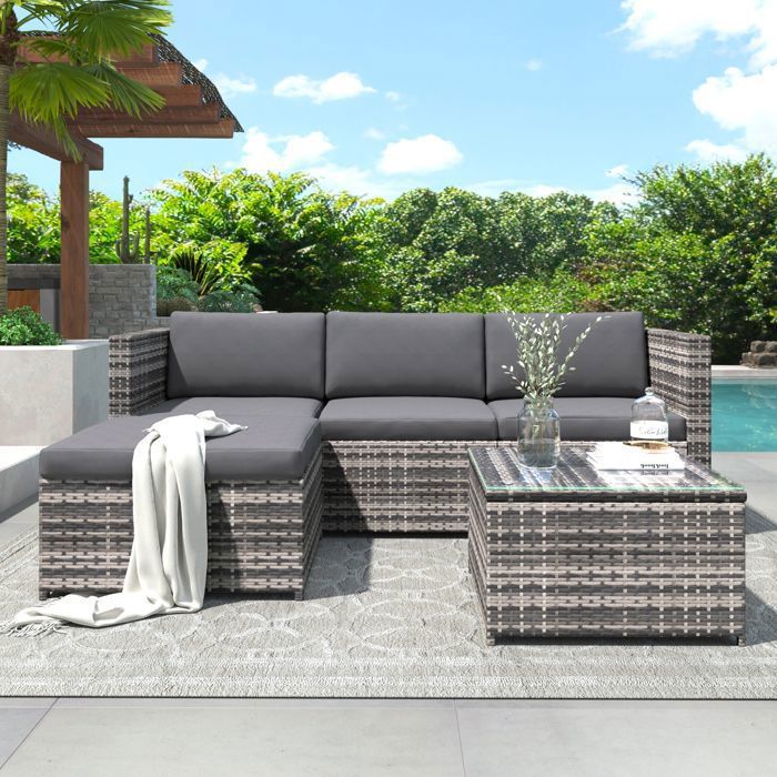 Outdoor Rattan Garden Furniture Set, Outdoor Garden Table with Chairs, 4-Seater Corner Sofa, Grey