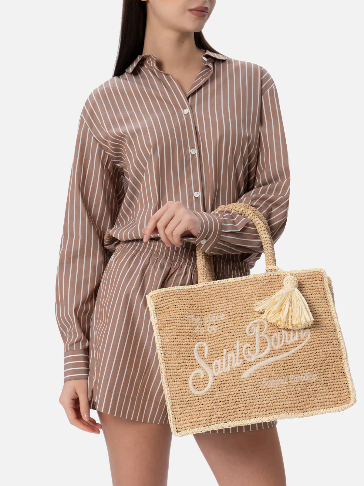 Bolsa Colette em ráfia - Bege natural com bordado do logotipo Saint Barth e bolso com zíper | MC2 Saint Barth