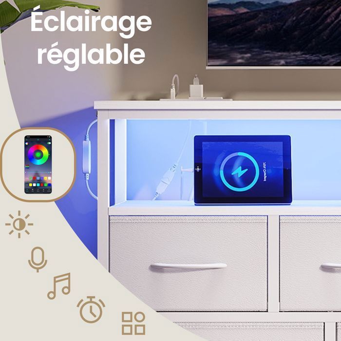 Cómoda con iluminación LED regulable y regleta, 7 cajones de tela, estilo moderno, dormitorio, blanca