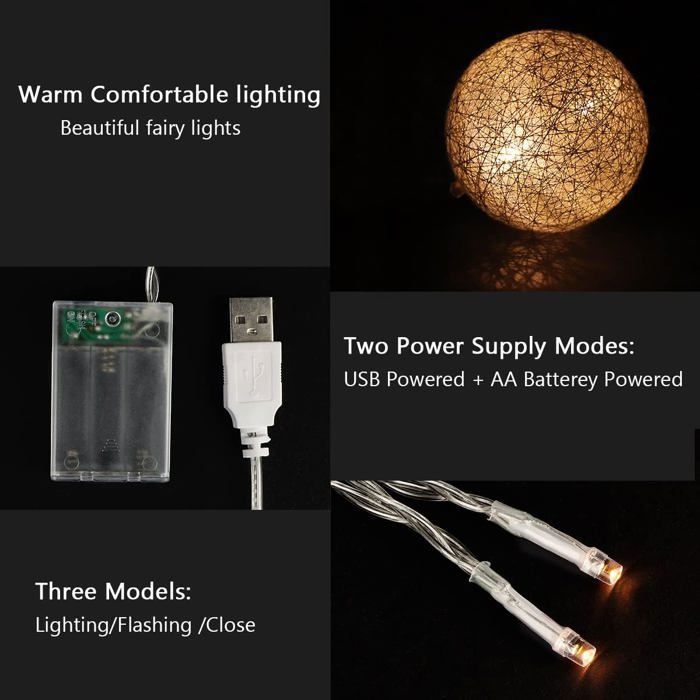 Cotton Ball String Lights, Indoor Christmas Decoration, 3M 20 LED Globe Lights, for Girls, Princesses, Children, and Babies - 3CM
