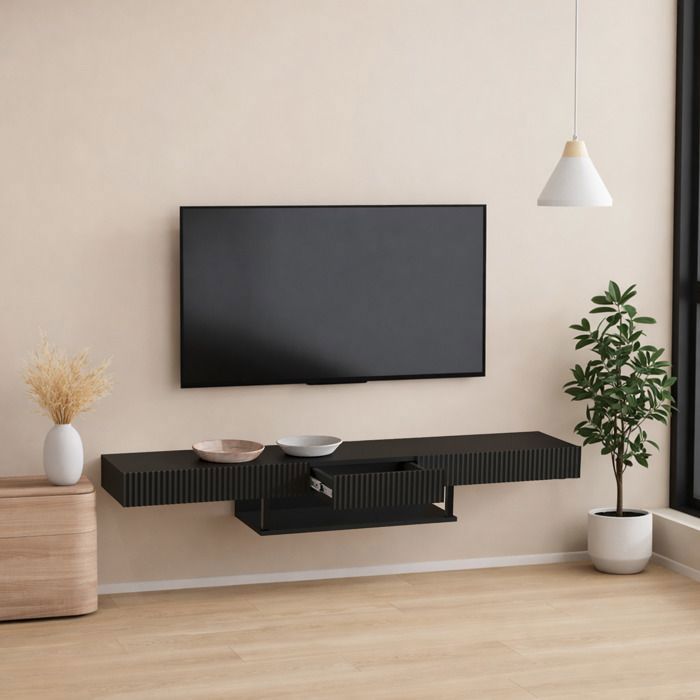 Meuble TV Suspendu 150cm RENZO Noir Mat - Façades Relief 3D Strié - Tiroir Central et Niche Multimédia - Design Mural Industriel