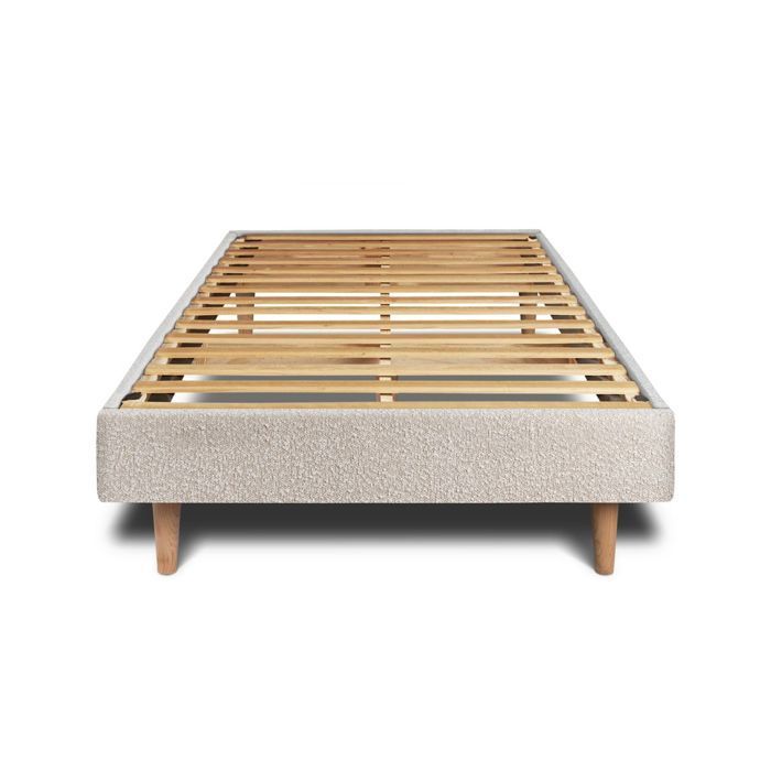 Base de cama Bouclette Beige 90x190 H29cm - Base de cama de madera maciza con patas cónicas de madera de 15 cm