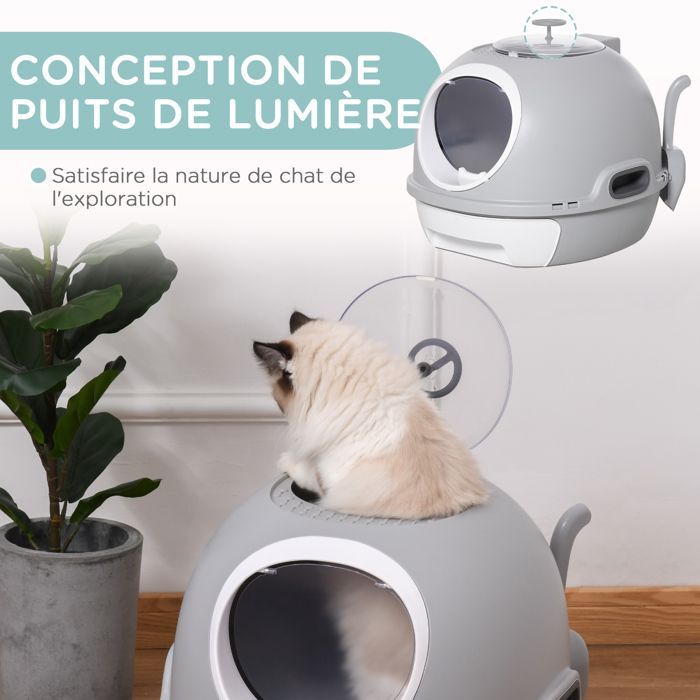Bac à litière pour chat - maison de toilette - PawHut - portable tiroir coulissant porte battante pelle - plastique - gris