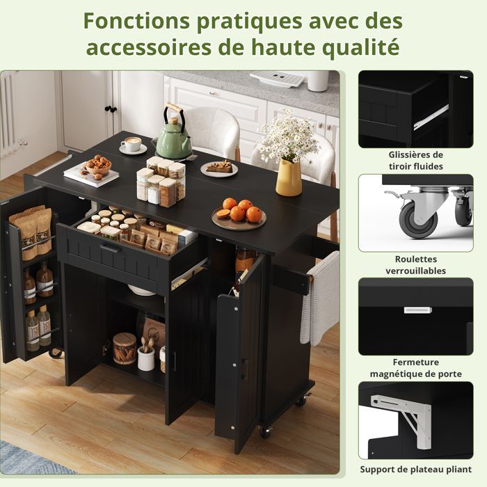 Îlot de Cuisine avec Rangement Intégré,Plan de Travail Extensible,4 Portes 1 Tiroir, Roulettes avec Freins,120x45(70)x95cm,Noir