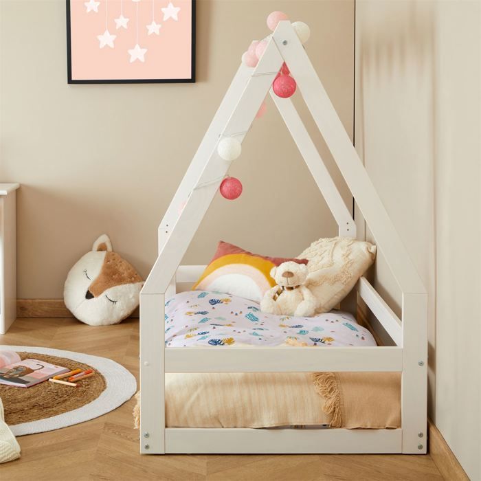 Cama tipo cabaña TAMI de 70x140 cm, cama individual para bebé o niño, estilo Montessori, en madera maciza de pino teñida de blanco.