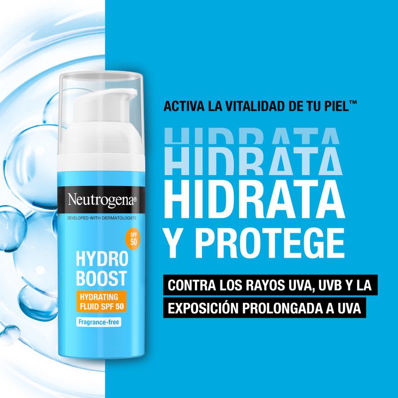 „Hydro Boost“ veido drėkinamasis fluidas su SPF50 Veido drėkikliai iš vaistinės