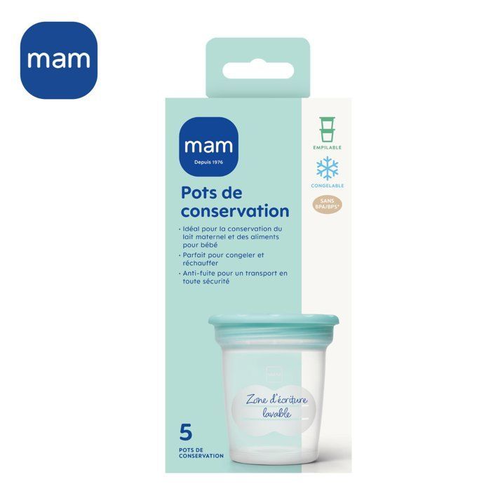 Conjunto de 5 recipientes para armazenamento de leite materno MAM, 120ml cada.
