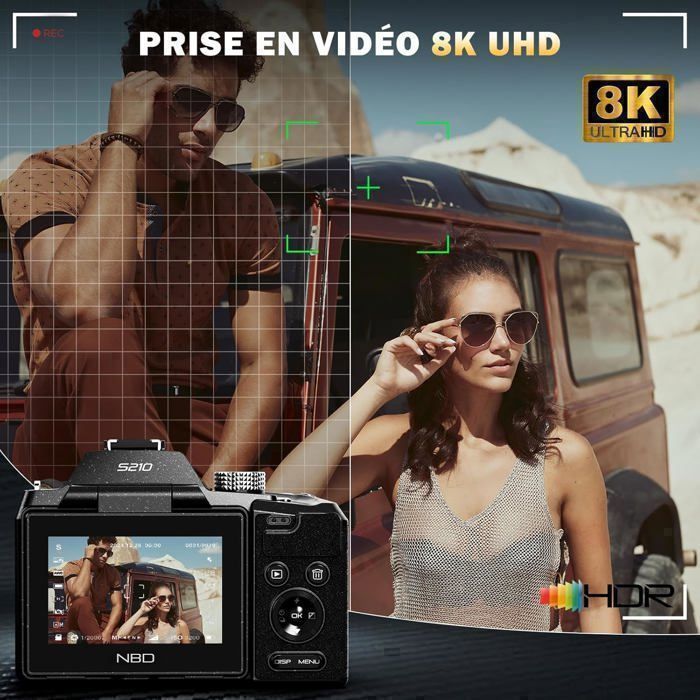 Câmera digital - NBD - 8K - 64MP - Zoom óptico de 16x - Tela de 2,8 polegadas com ângulo de 180°