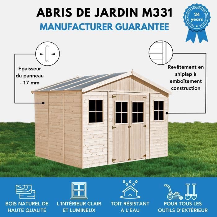 Caseta de jardín de madera TIMBELA de 12 m² - 418 x 318 cm - 17 mm de espesor - Construcción de paneles - Suelo incluido - M331+M331G