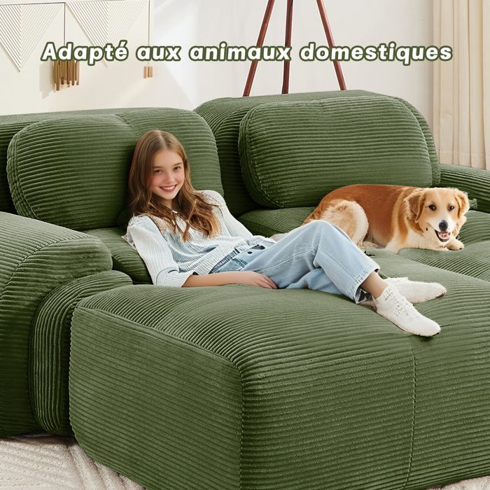 DRIPEX Canapé modulable en velours côtelé - 2 places - avec 2 oreillers et 2 poufs - dessous antidérapant - 208x178x70cm - Vert