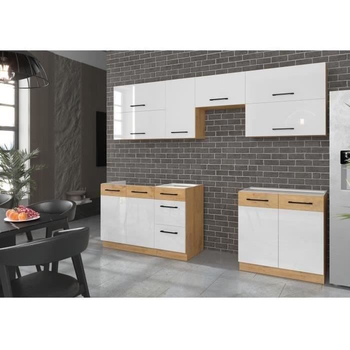ROCK - Cocina completa - Roble Lancelot y melamina blanca brillante - 260 cm - Encimera no incluida