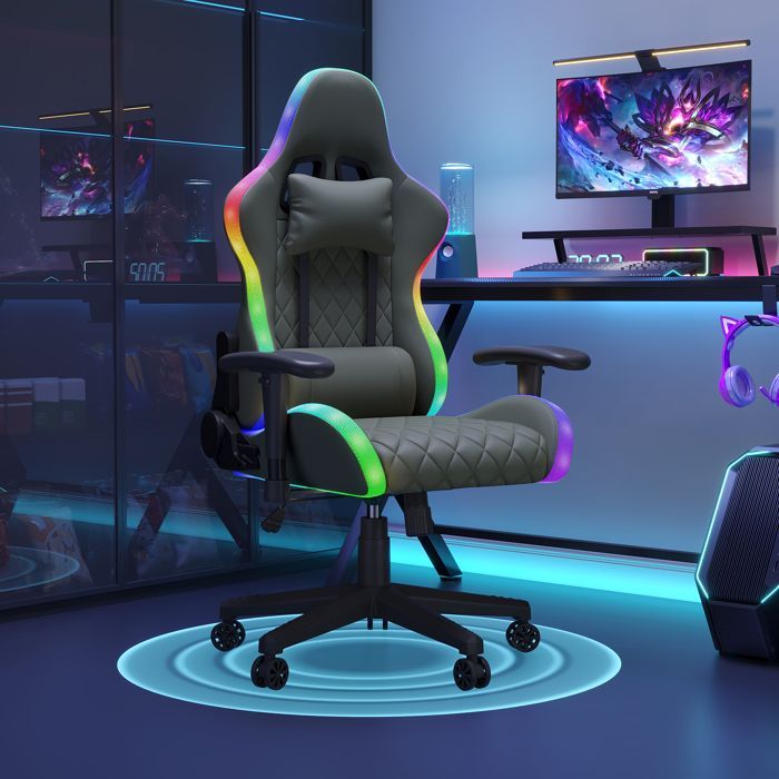 Silla gaming con iluminación LED RGB, LUMINARIX, silla con masaje lumbar y reposacabezas, respaldo ajustable, silla de oficina ergonómica, negra