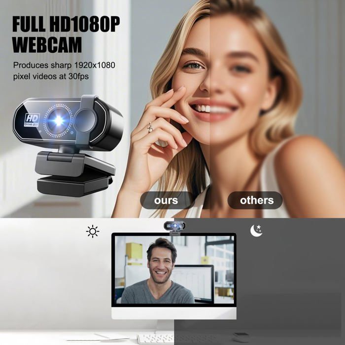 Webcam pour PC 1080P, Full HD Caméra Web avec Microphone, 360° Rotation USB Caméra Plug Play pour Vidéo et Enregistrement