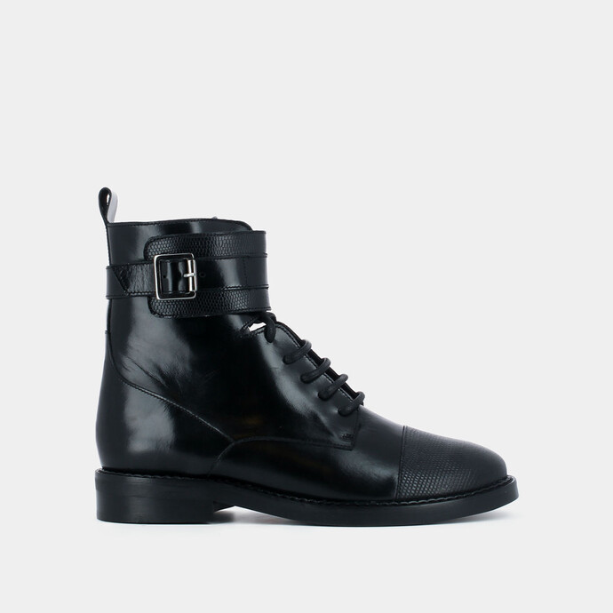 Bottines à lacets et boucles  en cuir reptile noir