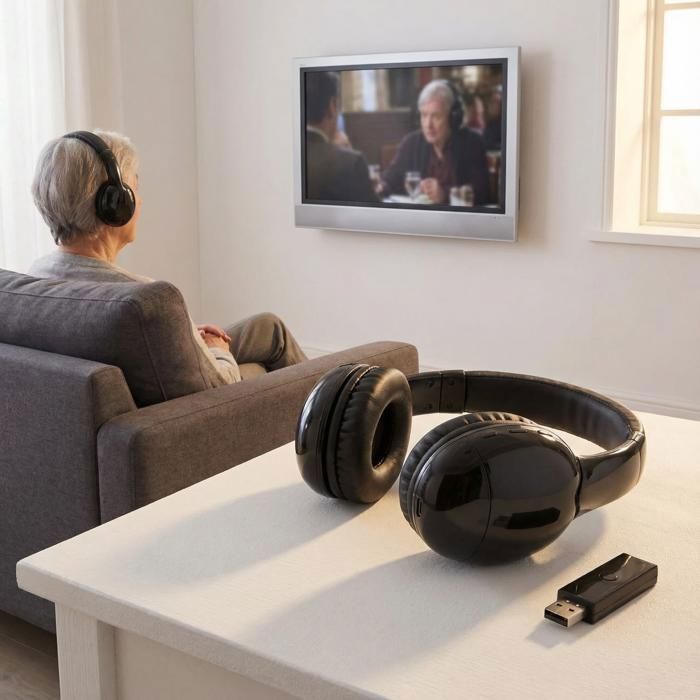 Draadloze tv-hoofdtelefoon voor senioren - 2,4 GHz oplaadbare USB-adapter, plug & play - comfortabel luisteren en eenvoudige installatie