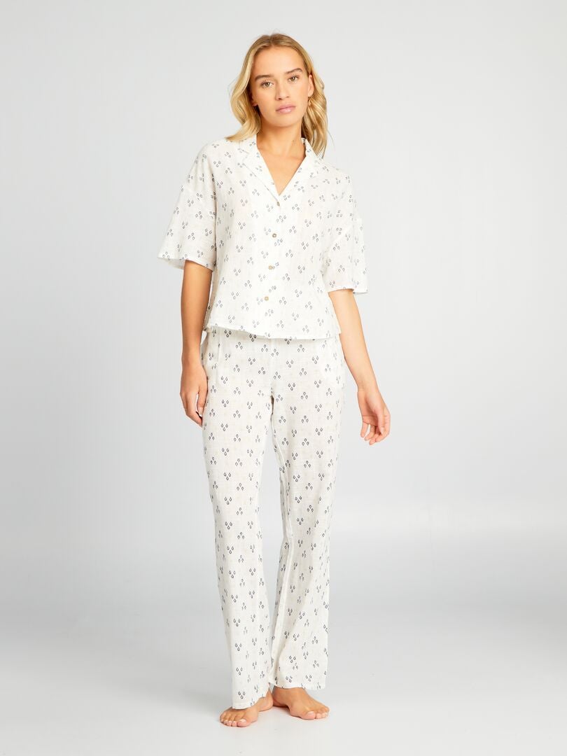 Pijama comprido de gaze de algodão estampada - BEGE