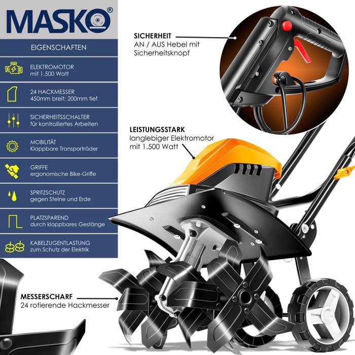 Motocultor eléctrico - MASKO - 1500 vatios - 40 cm de ancho de trabajo - 20 cm de profundidad de trabajo - 6 púas
