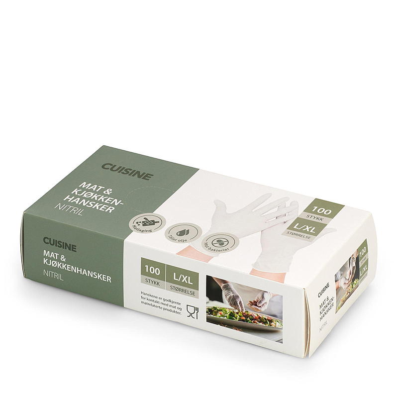 Cuisine engangshansker 100-pakning størrelse L/XL nitril hvit