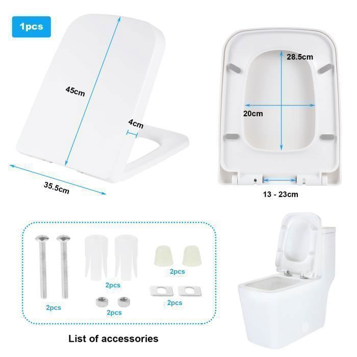 Abattant WC Frien de Chute Décipsable, Lunette Toilette WC en Forme Carrée, Cuvette WC Universelle à Fermeture Douce, Montage