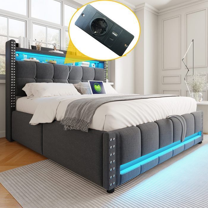 Cama tapizada, cama de adulto, cama doble de 160 x 200 cm con iluminación LED y puertos USB con almacenamiento hidráulico - gris