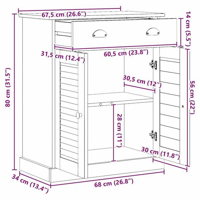 Badezimmerschrank – vidaXL – Massives Kiefernholz – Antikweiß – 67,5 x 34 x 80 cm – Viel Stauraum