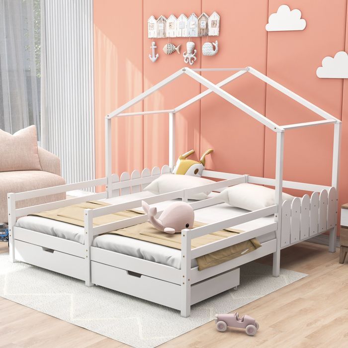 Structure de lit Eco - friendly Material lit familial durable, lit double, lit bébé, lit bébé avec 2 tiroirs MDF, tiroirs avec