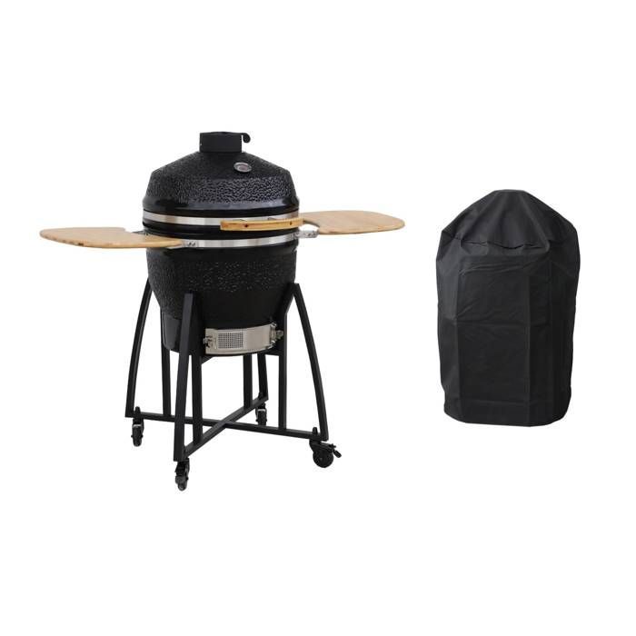 Barbacoa, parrilla y ahumador de carbón KAMADO, cerámica Ø57cm con ruedas, estantes laterales y tapa.