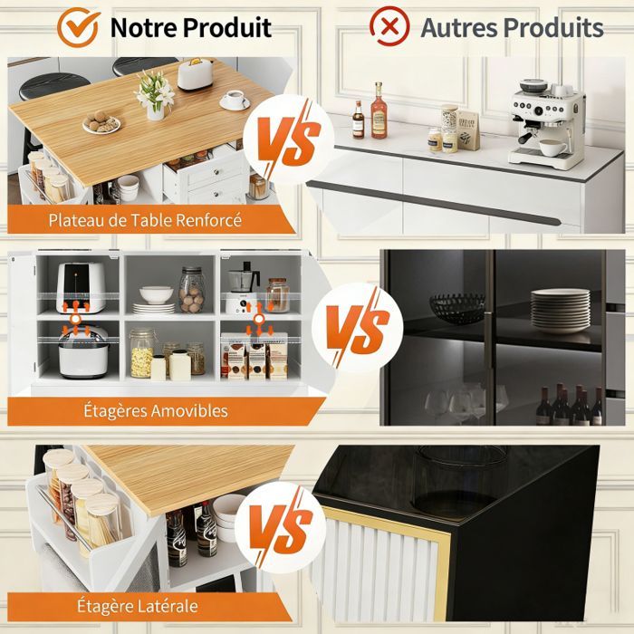 Kitchen Island - GENERIC - 140x70x93.5 cm - Extendable Top - 360° Wheels (2 with brakes) - Integrated Storage