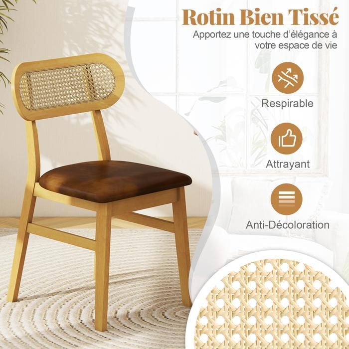 COSTWAY Lot 2 Chaises de Salle à Manger 49x48x79cm - Siège Rembourré et Housse en Similicuir Dossier en Rotin Cannage Elégant Brun