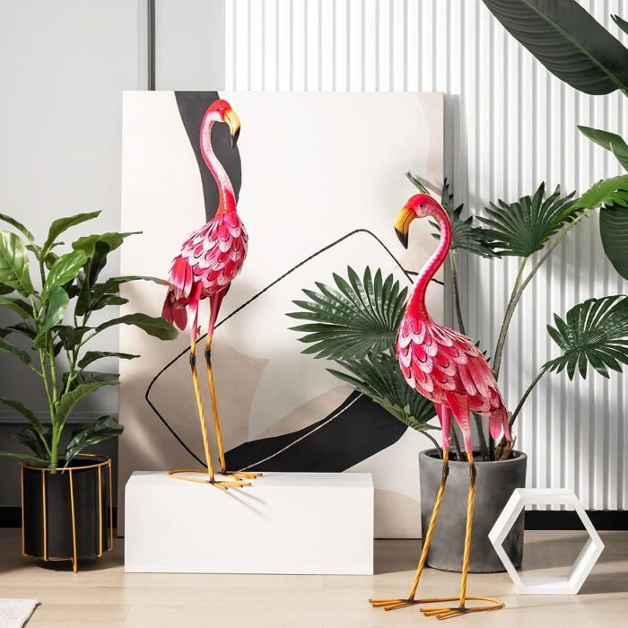 GIANTEX Lot de 2 Statues 89 CM de Flamant Rose de Jardin en Métal, Décoration Extérieure Sculpture d’Oiseau Rose de Jardin