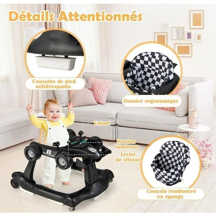 Girello convertibile 3 in 1 DREAMADE, pieghevole con altezza regolabile, musica e luci, a forma di auto, per bambini dai 6 ai 18 mesi, nero.