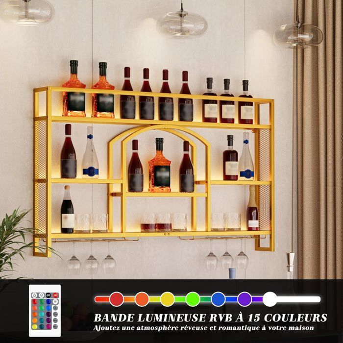 GOOBUY 140cm Wall-Mounted Wine Rack, Metal Wine Rack, Wine Glass Holder, with LED Light, Industrial Style, 140x15x81cm, Gold