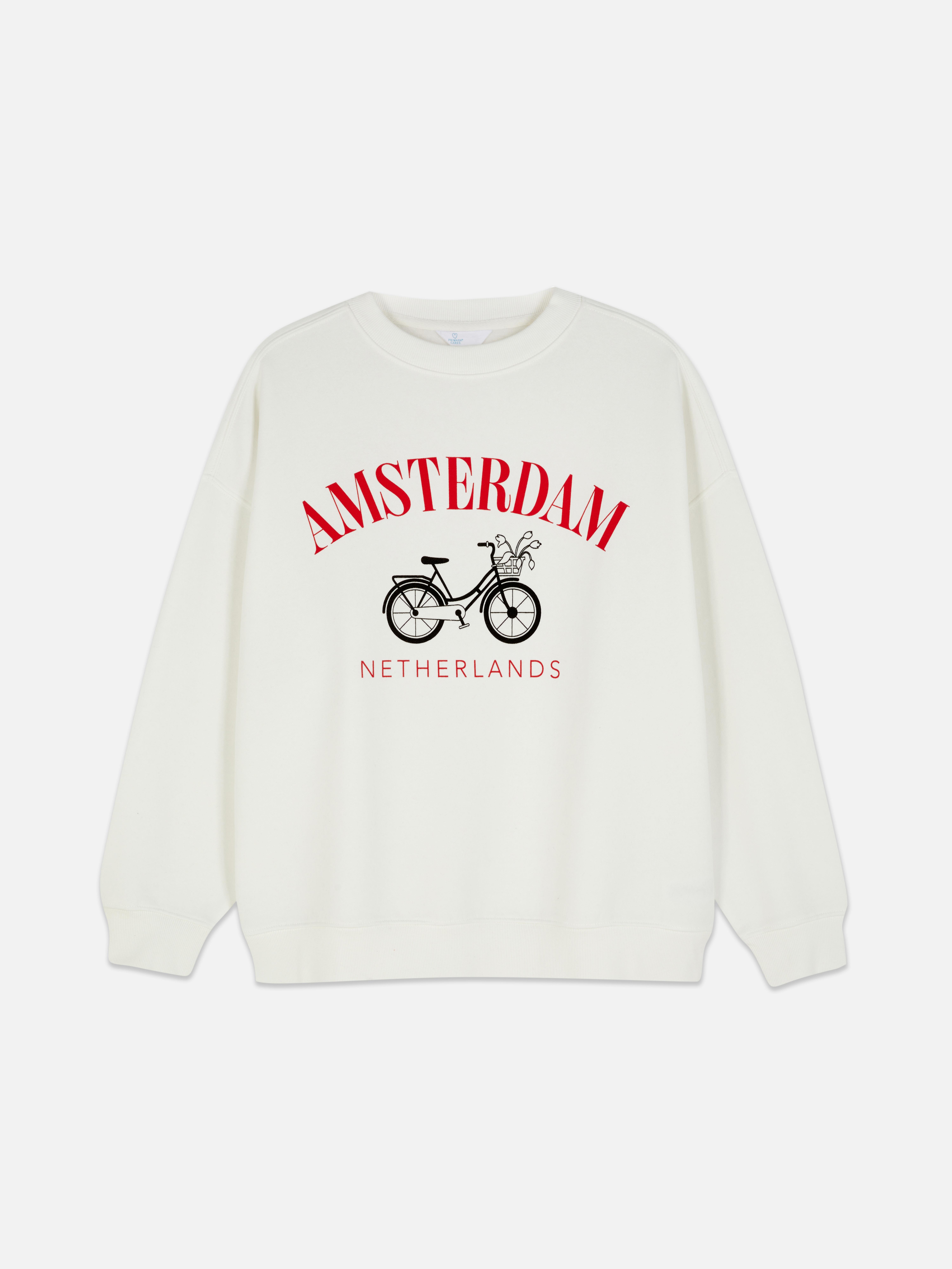 Φούτερ με φαρδιά γραμμή Amsterdam. Φούτερ με φαρδιά γραμμή με σχέδιο Amsterdam και χαριτωμένο στάμπα ποδηλάτου.