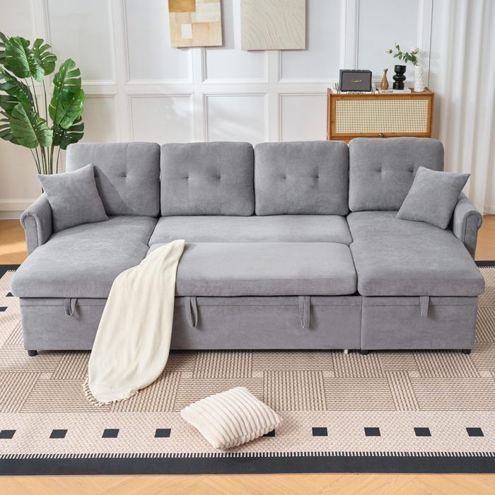 Sofá panorâmico conversível para 4/5 pessoas, com compartimento de armazenamento e função de cama, sofá em veludo em formato de U, cinza.