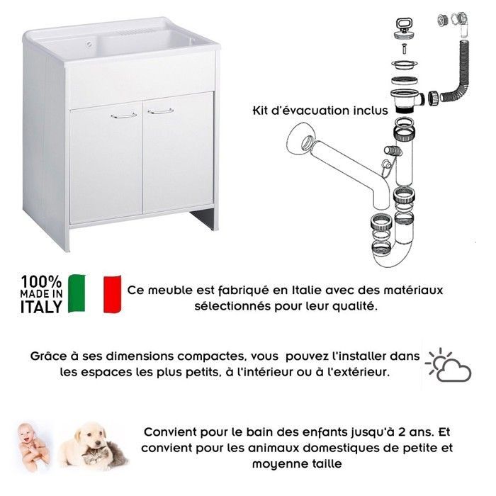 Meuble buanderie double porte PVC avec vasque bac à laver polypropylène 80x50 Blanc