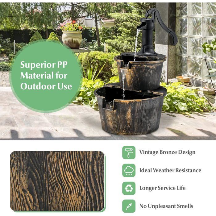 Fontana da giardino GIANTEX, fontana a cascata a botte per esterni, con pompa di circolazione, rubinetto decorativo e flusso d'acqua regolabile.