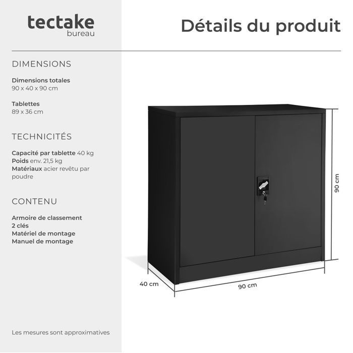 Kontoropbevaring - TECTAKE - Metalarkivskab med 2 justerbare hylder og 2 nøgler - 90 cm x 40 cm x 90 cm - Sort